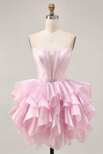 Corset A Line Tiered Strapless Pink Homecoming Dress with Lace Up Back